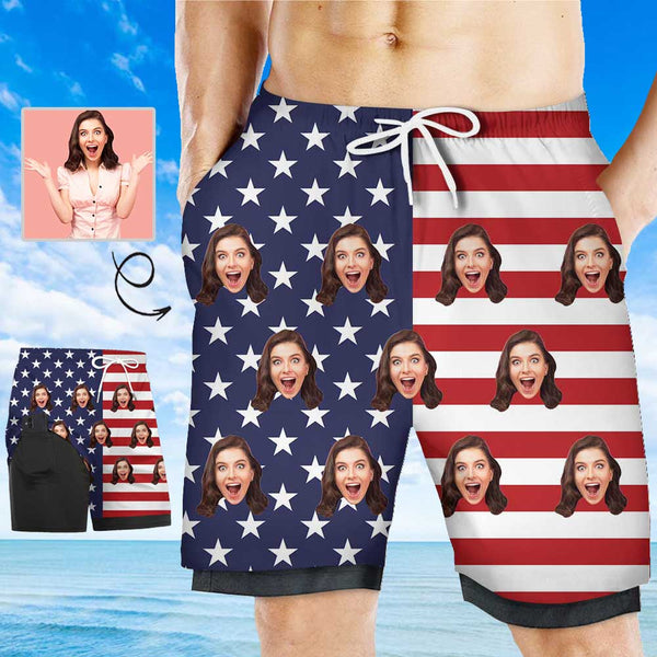 Custom Face USA Flag Men's Quick Dry 2 in 1 Surfing & Beach Shorts Male Gym Fitness Shorts
