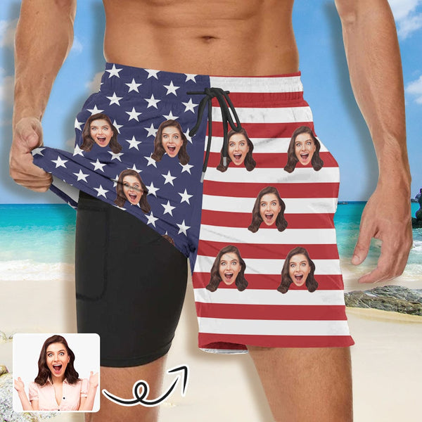 Custom Face USA Flag Men's Quick Dry 2 in 1 Surfing Beach Shorts