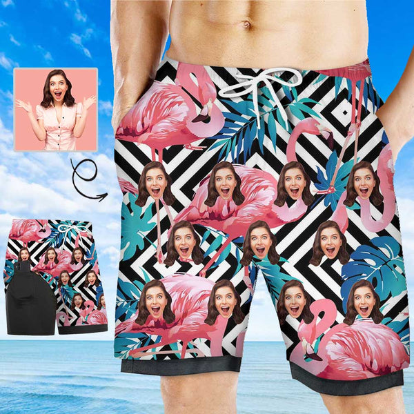Personalized Face Pink Flamingo Men's Quick Dry 2 in 1 Surfing & Beach Shorts Male Gym Fitness Shorts