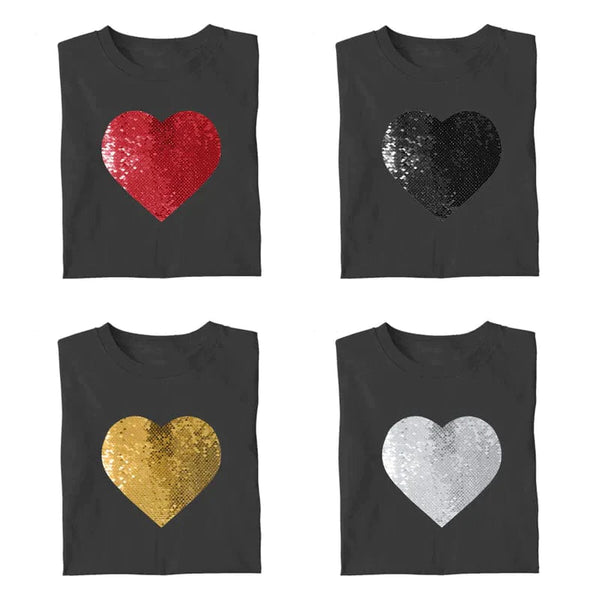 #S-4XL-Custom Photo or Text Classic Unisex Cotton T-shirt DIY Heart Sequin Tee For Men and Women