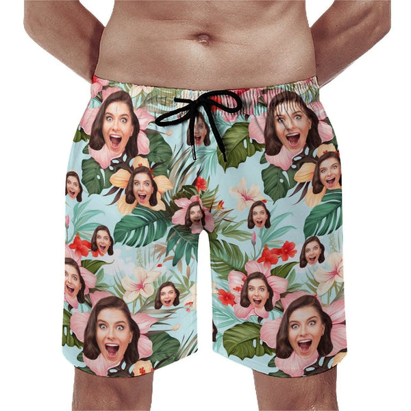 Custom Face Flowers Green Couple Swim Shorts&Dress Men's Swim Trunks Women's Beach Sling Skirt