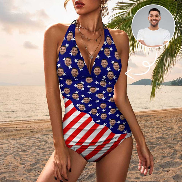 Custom Face American Flag Swimsuit Personalized Womens Tankini Sets Bikini Two Piece Bathing Suit