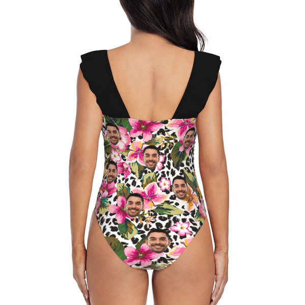 Custom Face Flower Pattern Swimwear Personalized Women's V-Neck Ruffle Bathing Suit One Piece Swimsuit