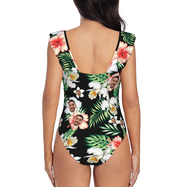 Custom Face Flowers Swimwear Personalized Women's V-Neck Ruffle Bathing Suit One Piece Swimsuit