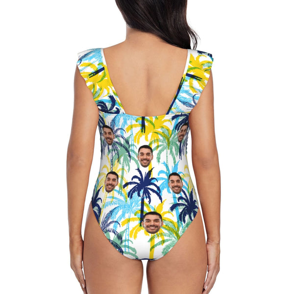 Custom Face Hawaii Swimwear Personalized Women's V-Neck Ruffle Bathing Suit One Piece Swimsuit Summer Vacation