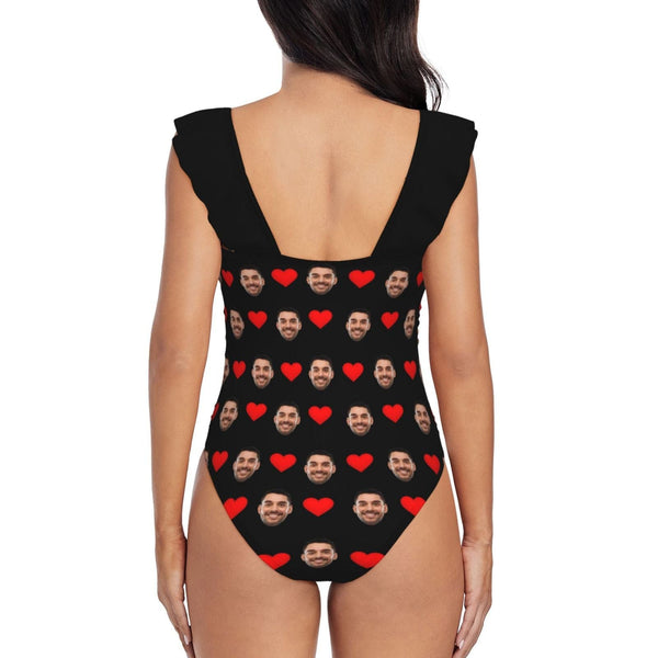 Custom Face Love Heart Swimwear Personalized Women's V-Neck Ruffle Bathing Suit One Piece Swimsuit Gift For Her