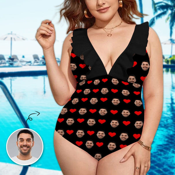 Custom Face Love Heart Swimwear Personalized Women's V-Neck Ruffle Bathing Suit One Piece Swimsuit Gift For Her