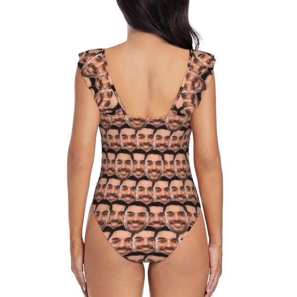 Custom Face Lover's Face Swimwear Personalized Women's V-Neck Ruffle Bathing Suit One Piece Swimsuit