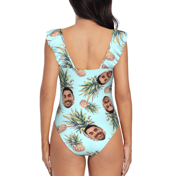 Custom Face Pineapple Print Swimwear Personalized Women's V-Neck Ruffle Bathing Suit One Piece Swimsuit Summer Vacation