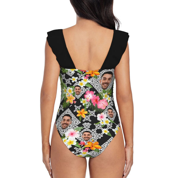 Custom Face Plaid Flowers Swimwear Personalized Women's V-Neck Ruffle Bathing Suit One Piece Swimsuit