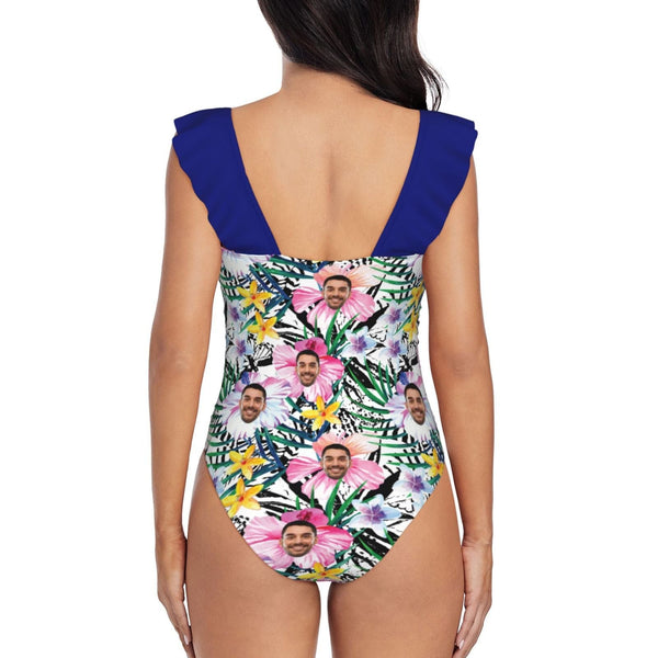 Custom Face Plant Flower Swimwear Personalized Women's V-Neck Ruffle Bathing Suit One Piece Swimsuit