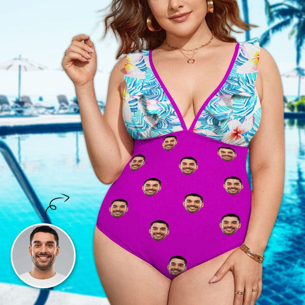 Custom Face Purple Romance Swimwear Personalized Women's V-Neck Ruffle Bathing Suit One Piece Swimsuit