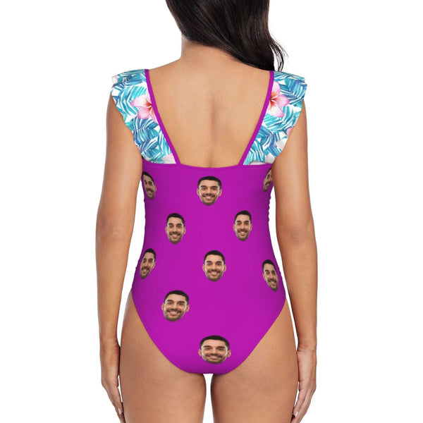 Custom Face Purple Romance Swimwear Personalized Women's V-Neck Ruffle Bathing Suit One Piece Swimsuit