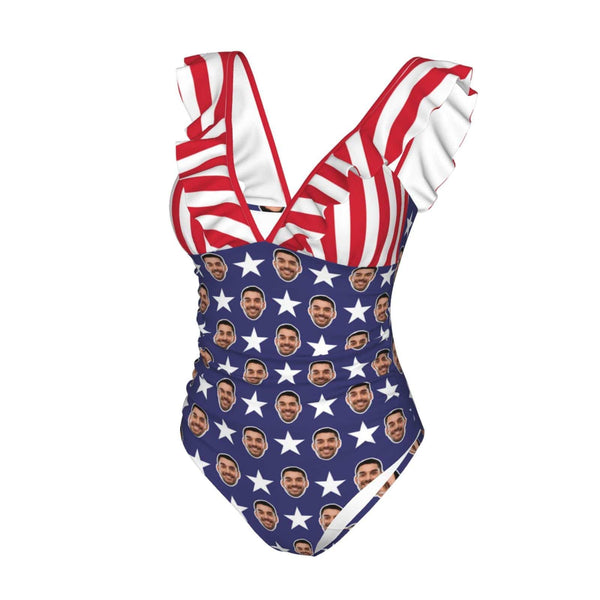 #July 4-4th of July Custom Face USA Flag Swimwear Personalized Women's V-Neck Ruffle Bathing Suit One Piece Swimsuit