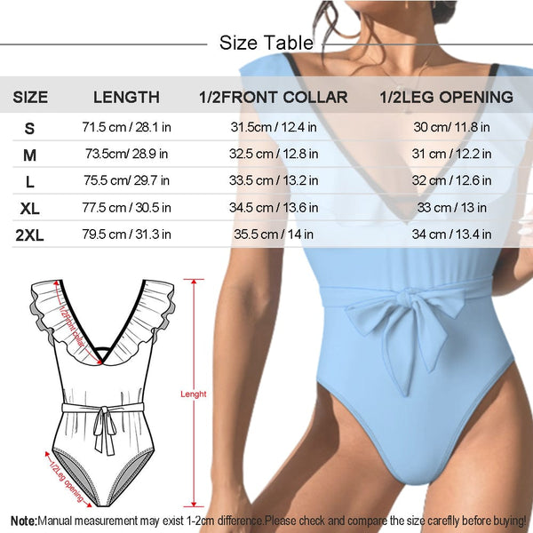 Custom Face All V Neck Ruffle One Piece Swimsuit Sexy Belt Bathing Suit Tie Back