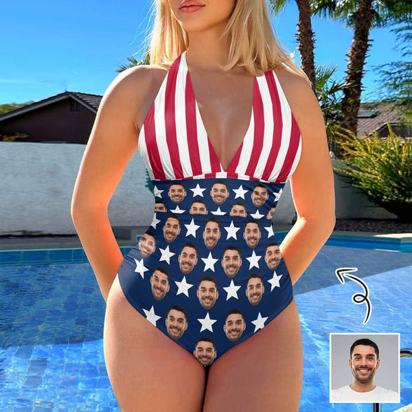 Custom Face American Flag Women's Halter Neck Tie One Piece Swimsuit Sexy Backless Wide Straps V Neck