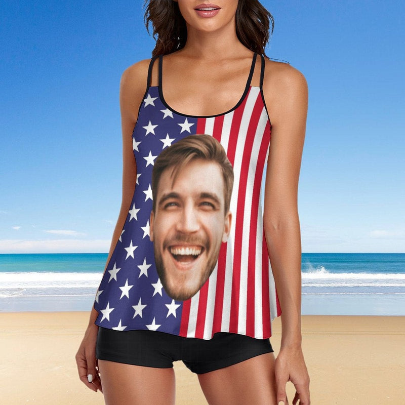 Flag Tankini#Plus-Size USA Tankini Swimdress Custom Face Boyfriend Stars Stipes Flag Swimsuit For Women Personalized Bathing Suit 2 Piece Swimsuit