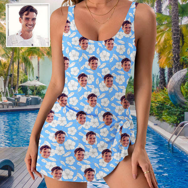 Custom Face Tank Top One Piece Swimsuit Personalized Face White Flower Sky Blue One Piece Bathing Suit