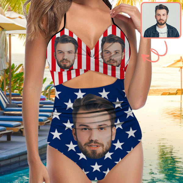 Custom Face Backless Swimsuit Personalized Face Flag Women's Front Cutout One Piece Swimsuit