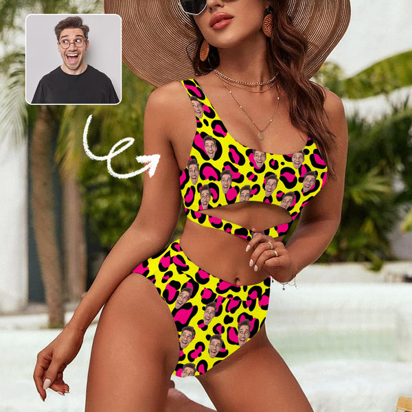 Custom Women's Wide Shoulder Straps Tank Top Bikini Set Personalizd Leopard Print Face Swimsuit
