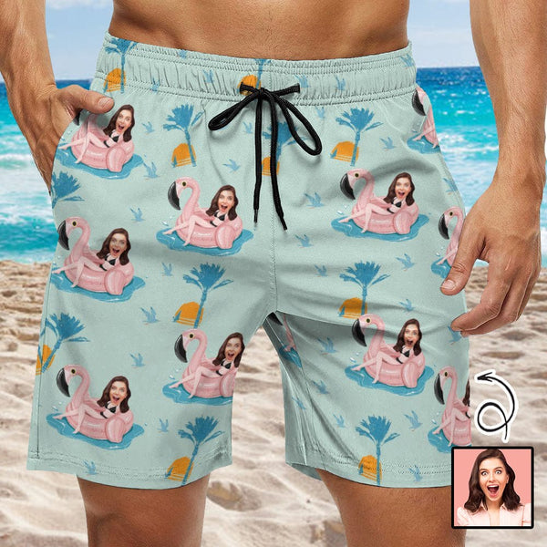 Custom Girlfriend Face Flamingo Pool Men's Casual Quick-drying Swim Shorts Beach Shorts