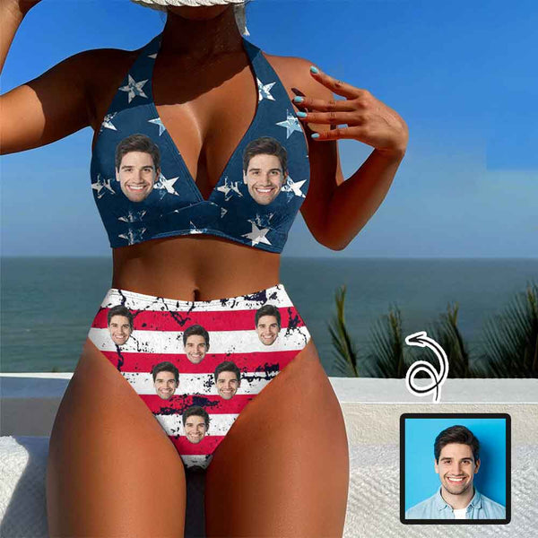 Custom Face American Flag Pentagram Back Buckle Bikini Personalized Deep V Neck Triangle Bikini Beach Pool Outfits