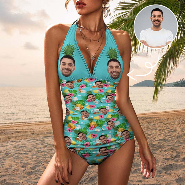 Custom Face Pineapple Green Swimsuit Personalized Womens Tankini Sets Bikini Two Piece Bathing Suit