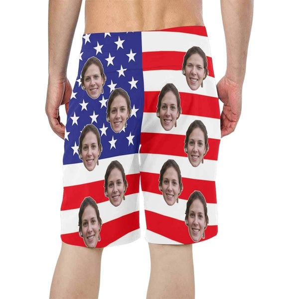 【Hot Selling】4th of July Beach outfits Custom Face Flag White Star Personalized Photo Men's Beach Shorts Drawstring Shorts