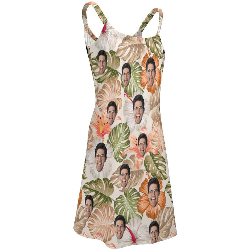 Custom Face Tropical Leaves Couple Swim Shorts&Dress Men's Swim Trunks Women's Beach Sling Skirt
